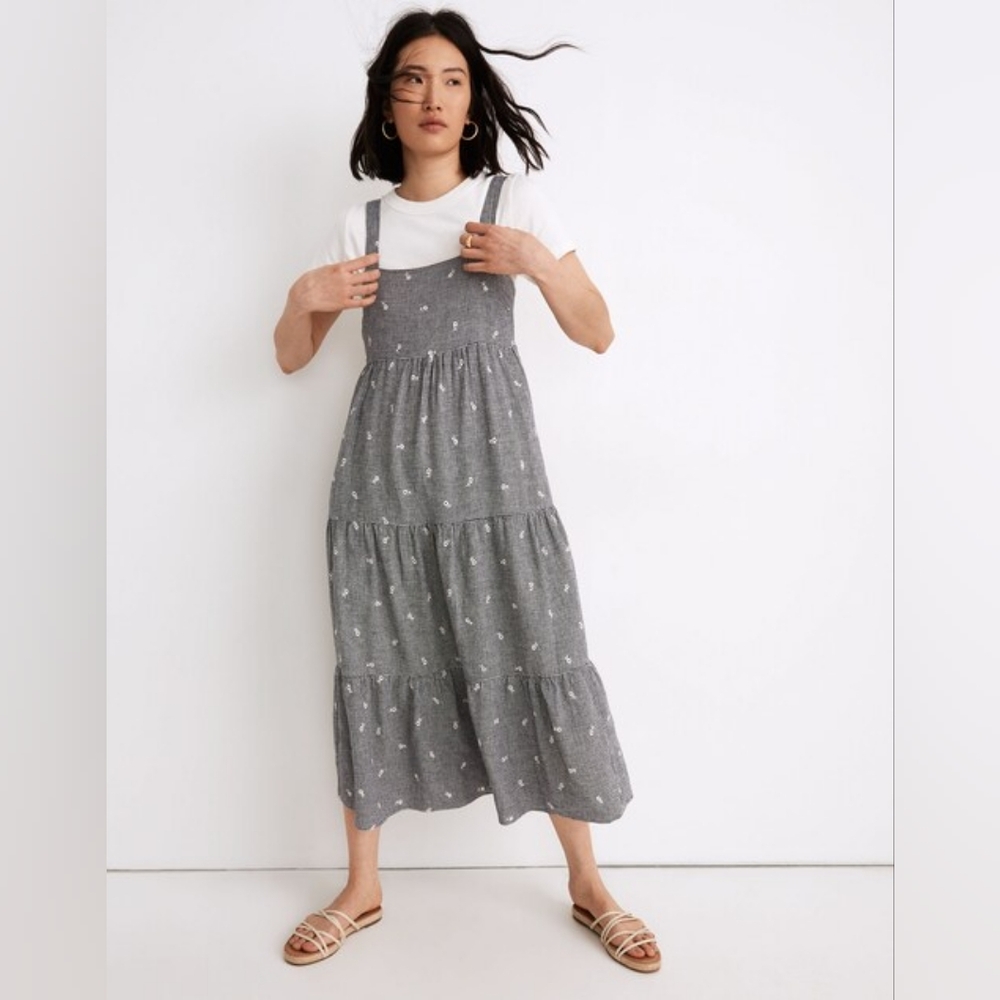 Madewell Embroidered Tiered Midi Dress In Gingham Check